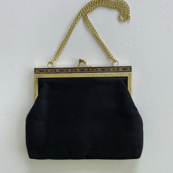 Vintage Needlepoint Bag with adjustable length chain Black with Floral Design - Picture 2 of 7